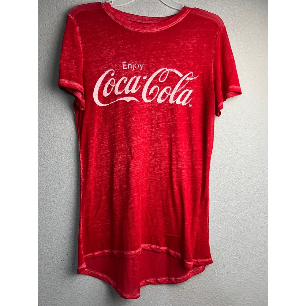 Coca-Cola Red Burnout Graphic T-Shirt High-Low Hem Short Sleeve Crew Neck